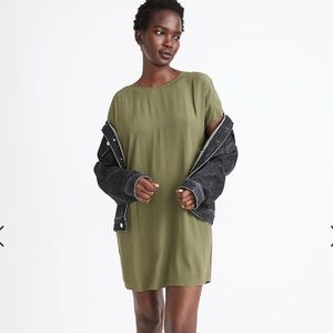 Madewell Crewneck Button-Back Easy Dress olive green. Sold out online.
